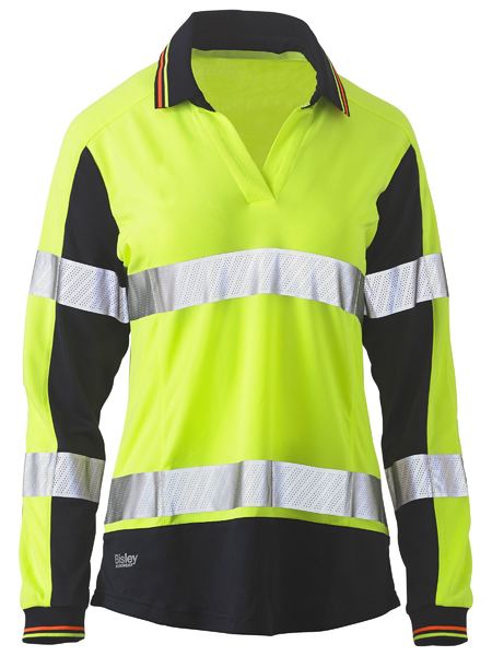 Bisley Hi Vis Ladies Taped Two Tone V Neck Polo Long Sleeve (BISBKL6225T)