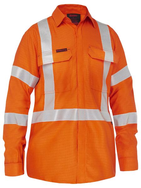Bisley Apex 185 Hi Vis Ladies X-Taped Biomotion FR Ripstop Vented Shirt Long Sleeve (BISBL8439XT)