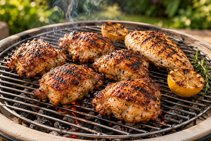 Charcoal cooking inspiration: golden chicken thighs and breast with lemon and rosemary sizzling on a round grid