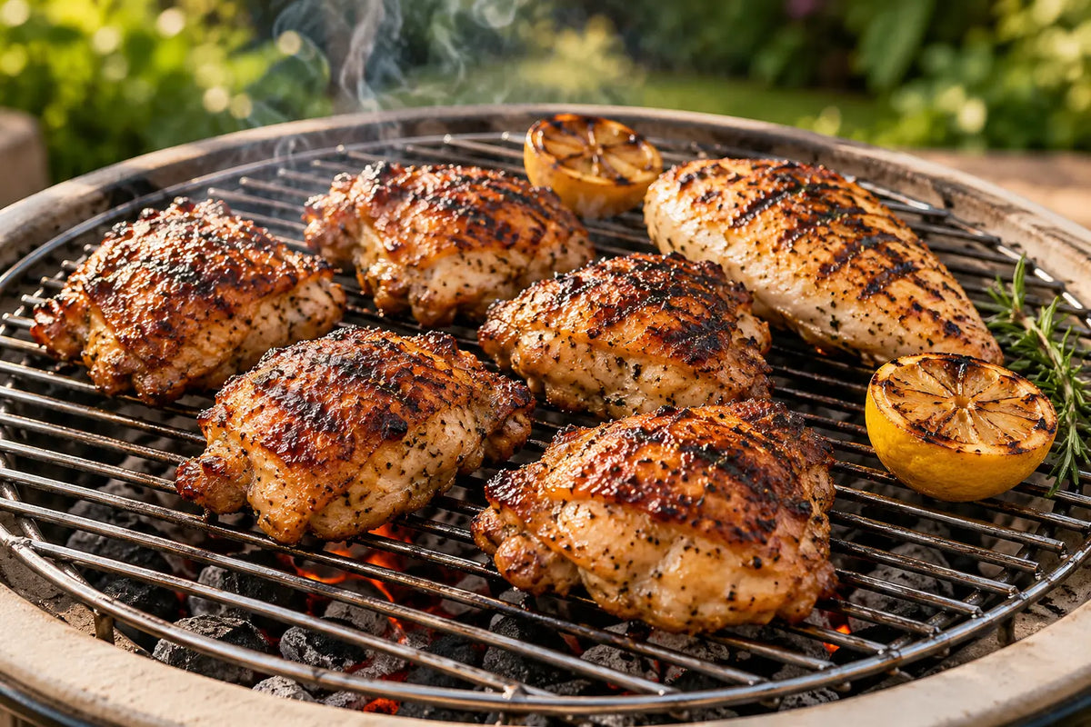 Charcoal cooking inspiration: golden chicken thighs and breast with lemon and rosemary sizzling on a round grid
