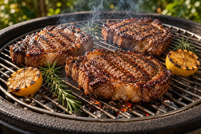 Charcoal cooking inspiration: rib-eye steaks with grill marks, lemon and rosemary sizzling on a round grid