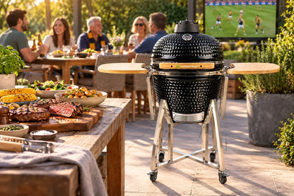 Lifestyle illustration of the black Kamado Moe Classic 18-inch barbecue beside chargrilled steak during an outdoor AFL gathering.