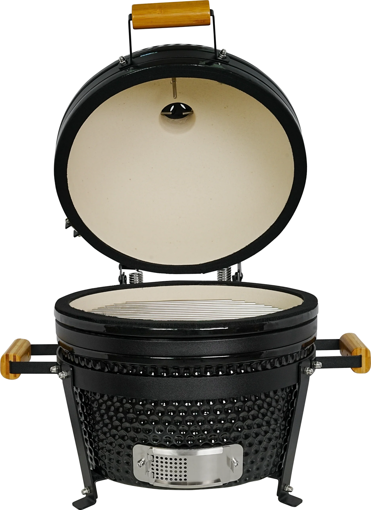 Kamado Moe Classic 16″ Black — Front view with lid open.