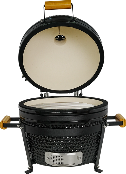 Kamado Moe Classic 16″ Black — Front view with lid open.