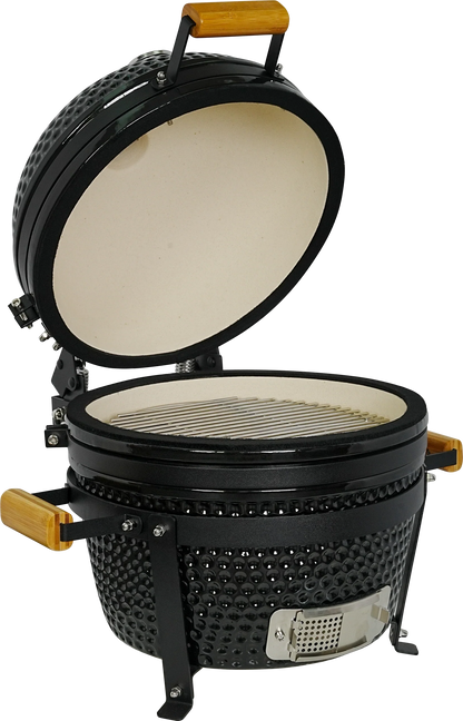 Kamado Moe Classic 16″ Black — Three-quarter view with lid open.