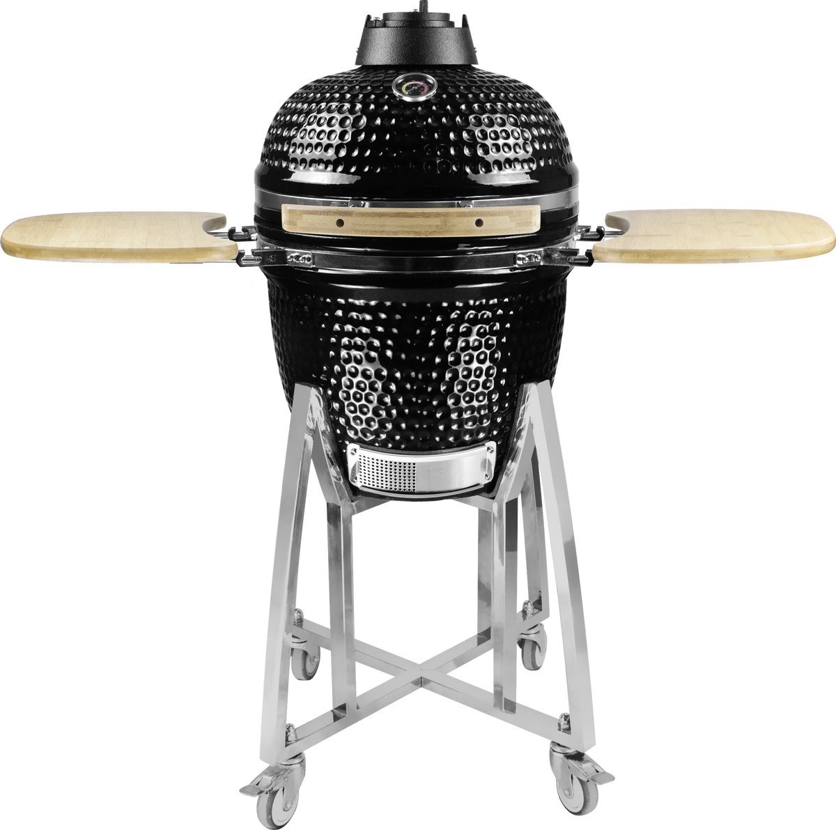 Kamado Moe Classic 18″ Black — Front view with shelves extended.