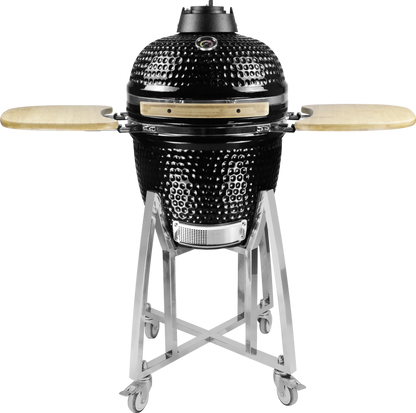 Kamado Moe Classic 18″ Black — Front view with shelves extended.