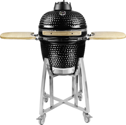 Kamado Moe Classic 18″ Black — Front view with shelves extended.