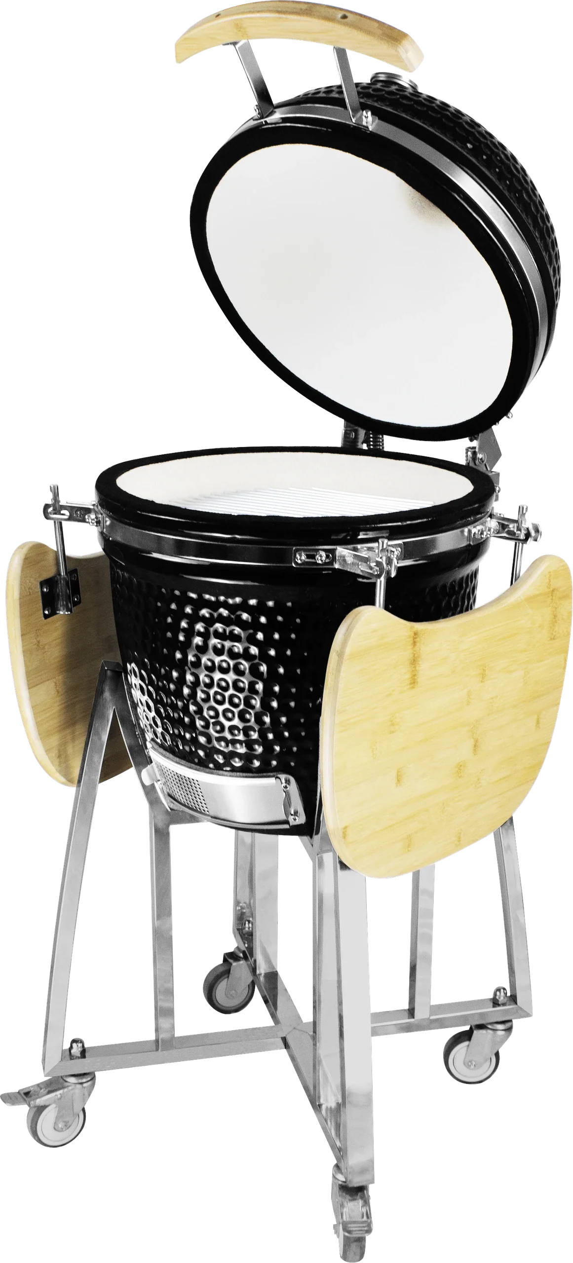 Kamado Moe Classic 18″ Black — Lid open with folding shelves.