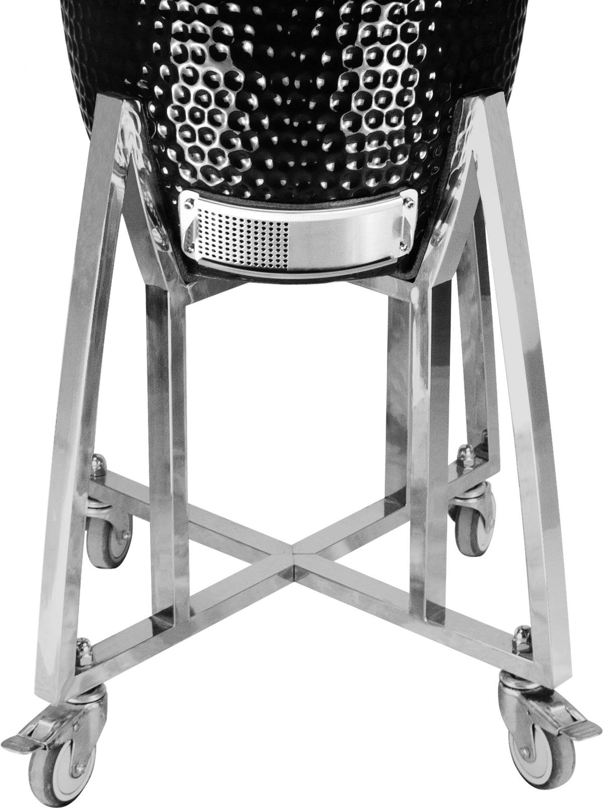 Kamado Moe Classic 18″ Black — Wheeled stand and lower vent detail.