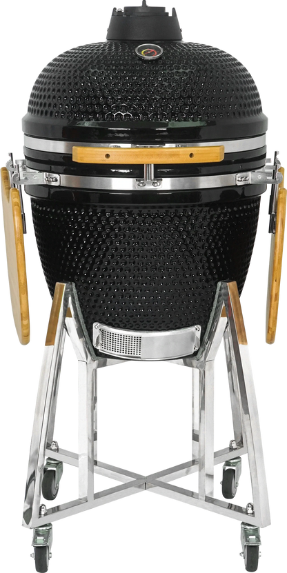 Kamado Moe Classic 21″ Black — Front view with shelves folded.