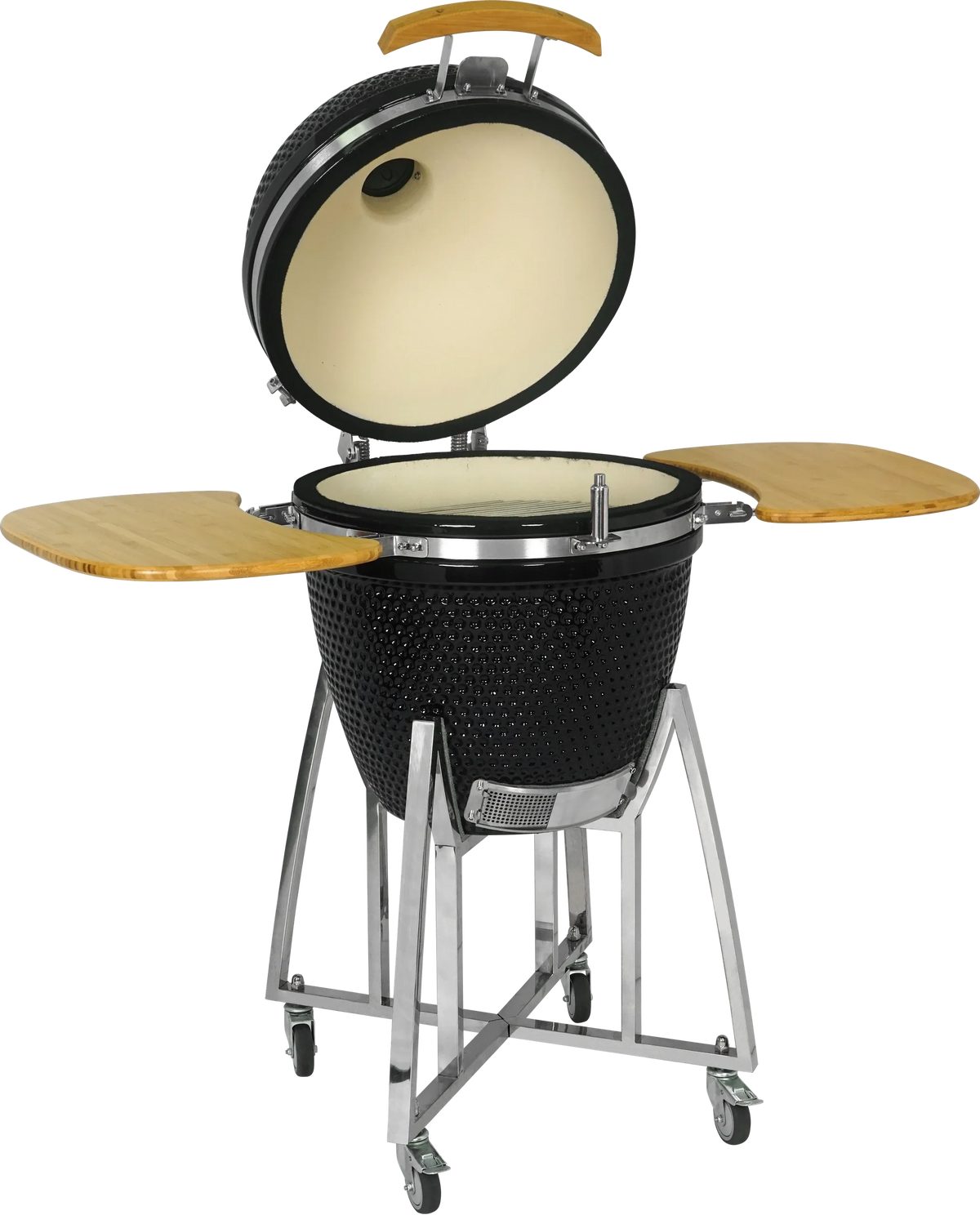 Kamado Moe Classic 21″ Black — Three-quarter view with lid open.