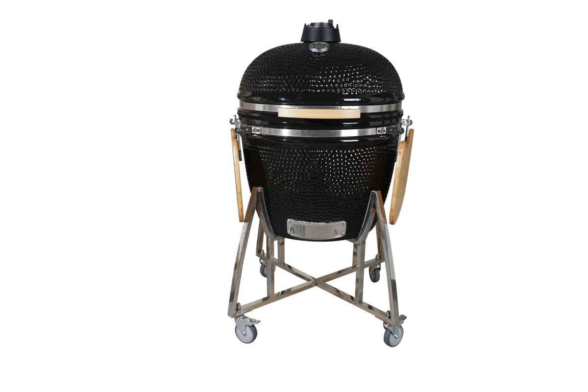 Kamado Moe Classic 29″ Black — Front view with shelves folded.