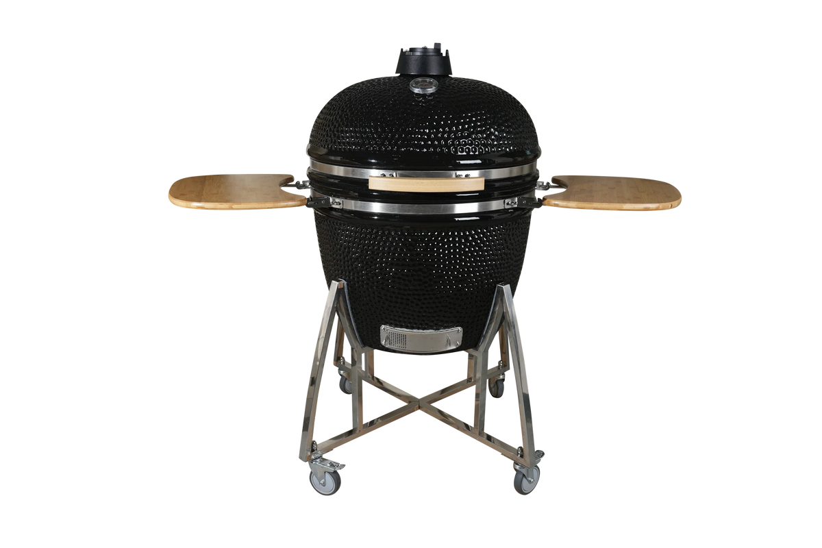 Kamado Moe Classic 29″ Black — Front view with shelves extended.
