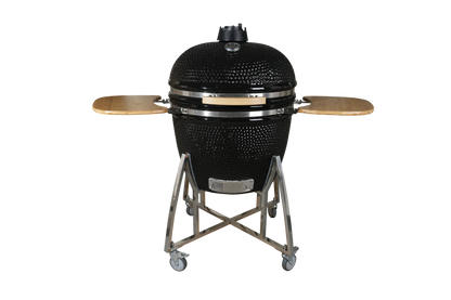 Kamado Moe Classic 29″ Black — Front view with shelves extended.