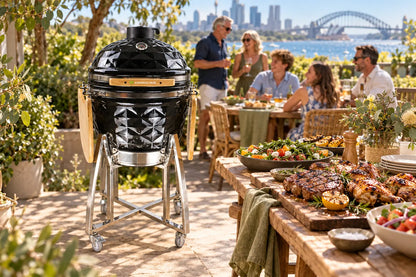 Kamado Moe diamond 22 inches Black styled Australia Day barbecue scene