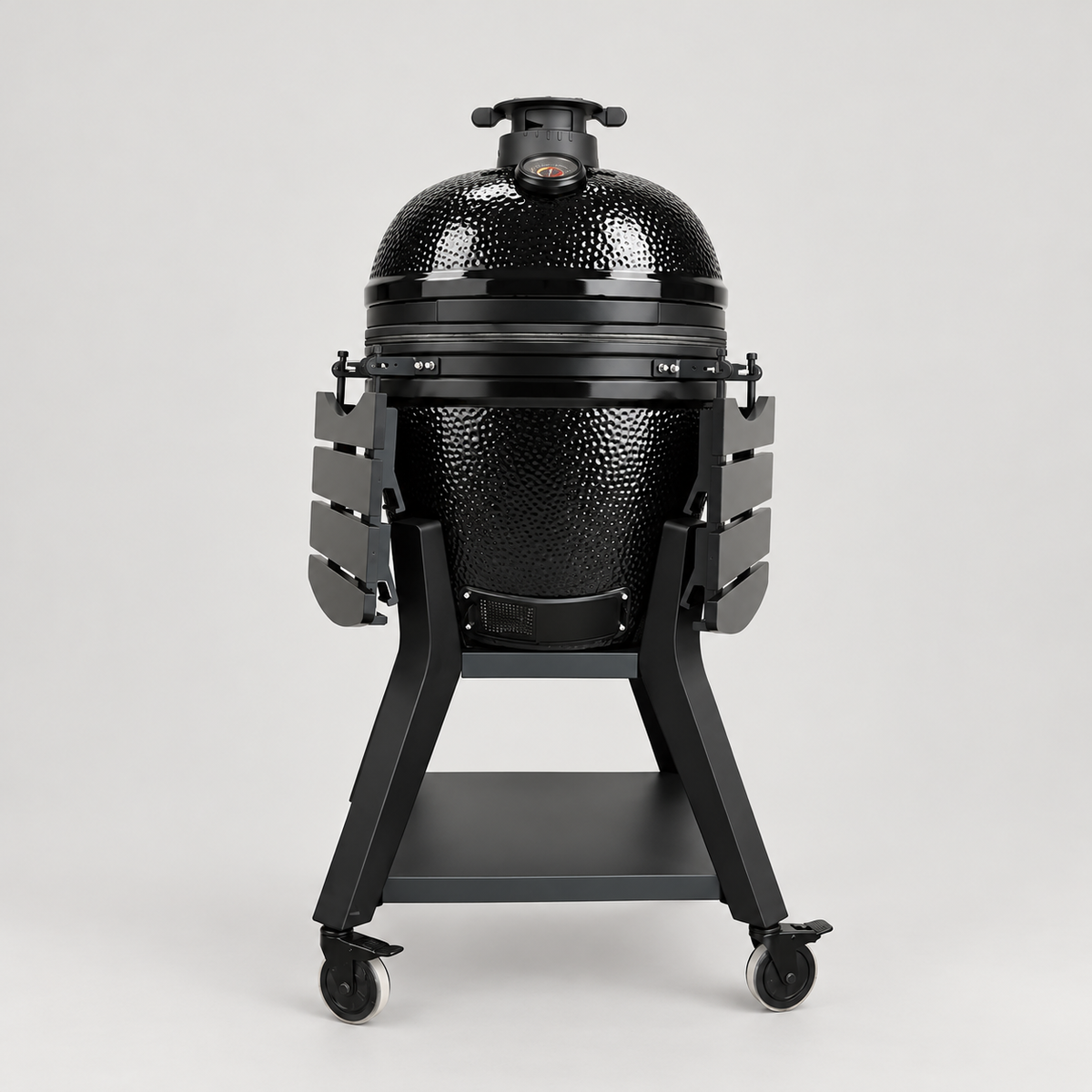 Kamado Moe orange-peel 21″ Black Gloss — AI finish illustration; source-model reference.