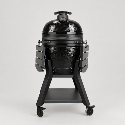 Kamado Moe orange-peel 21″ Black Gloss — AI finish illustration; source-model reference.