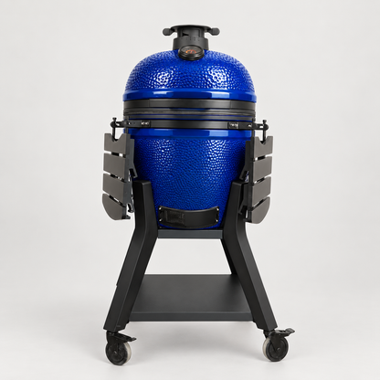 Kamado Moe orange-peel 21″ Blue Gloss — AI finish illustration; source-model reference.