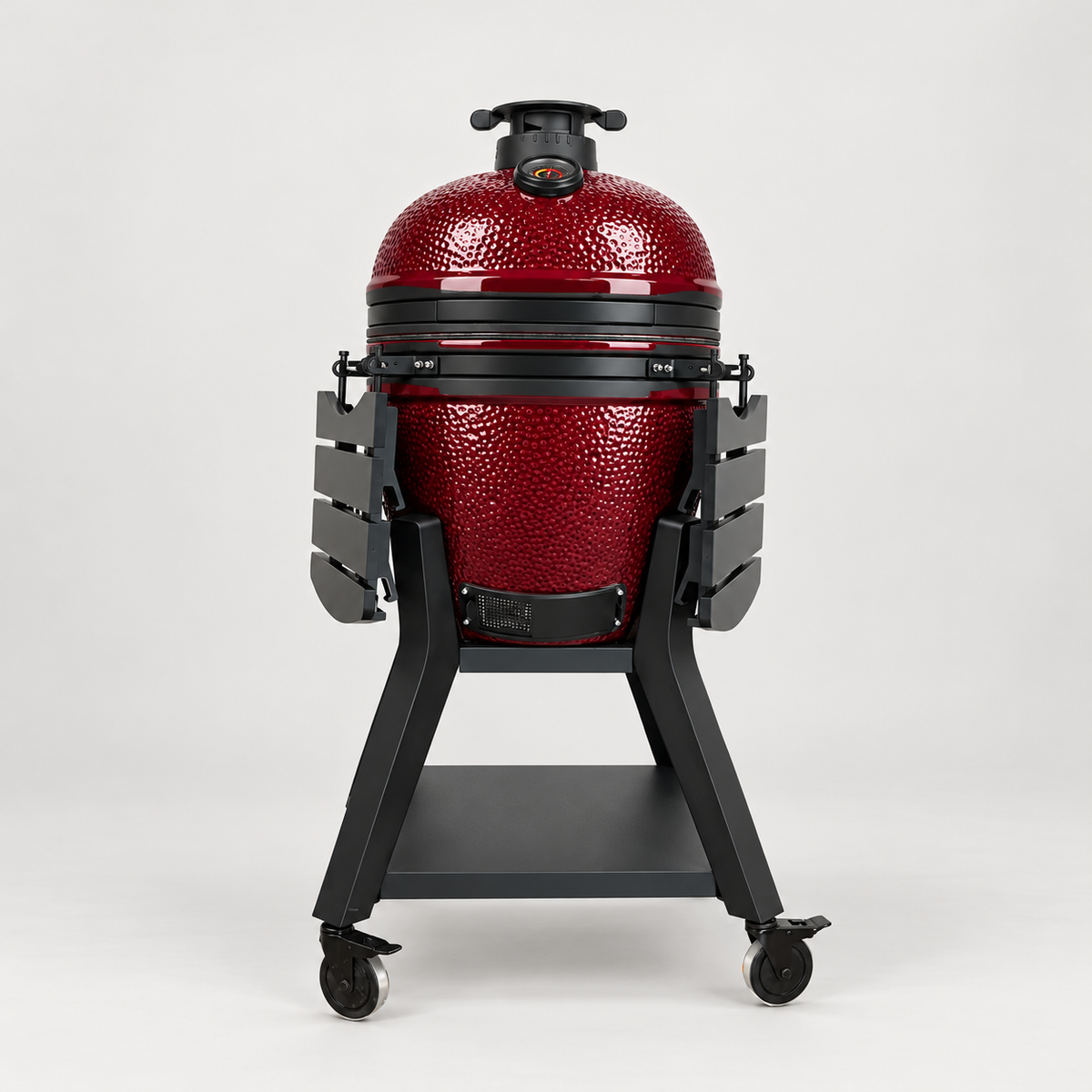 Kamado Moe orange-peel 21″ Burgundy Gloss — AI finish illustration; source-model reference.