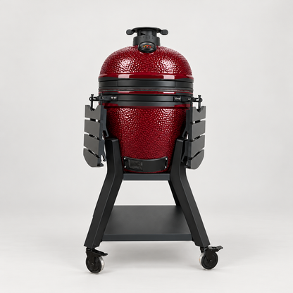 Kamado Moe orange-peel 21″ Burgundy Gloss — AI finish illustration; source-model reference.