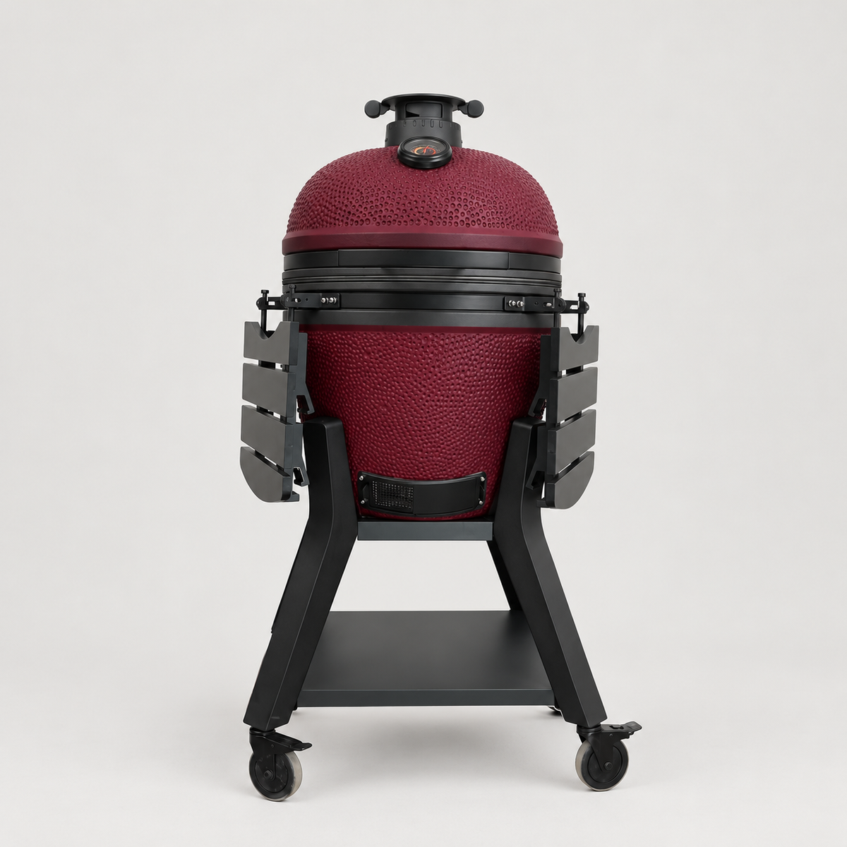 Kamado Moe orange-peel 21″ Burgundy Matt — AI finish illustration; source-model reference.