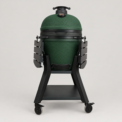 Kamado Moe orange-peel 21″ Green Matt — AI finish illustration; source-model reference.