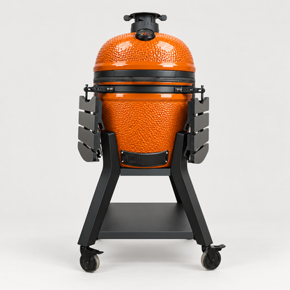 Kamado Moe orange-peel 21″ Orange Gloss — AI finish illustration; source-model reference.