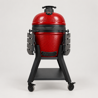 Kamado Moe orange-peel 21″ Red Gloss — AI finish illustration; source-model reference.