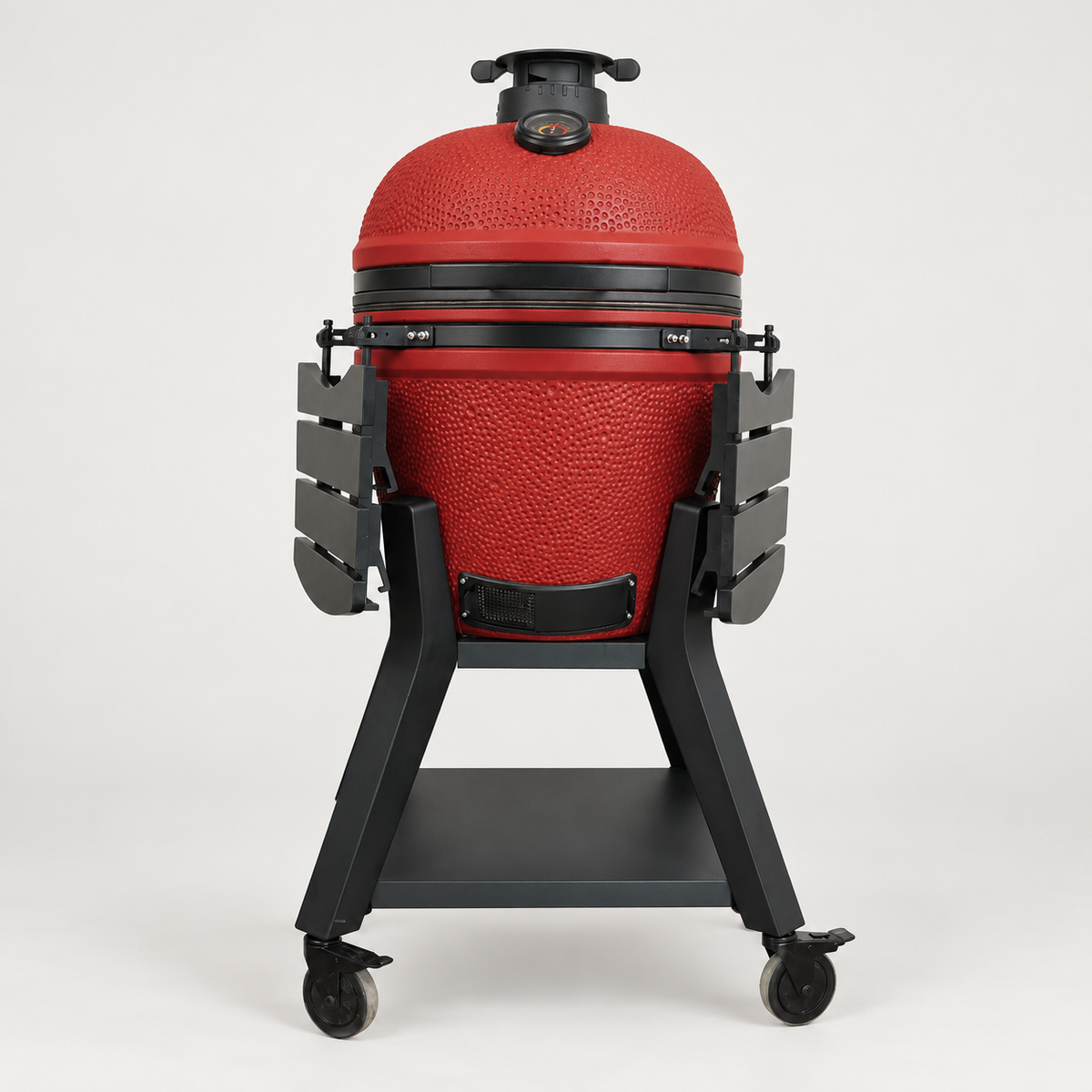 Kamado Moe orange-peel 21″ Red Matt — AI finish illustration; source-model reference.