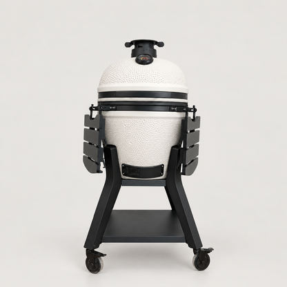Kamado Moe orange-peel 21″ White Matt — AI finish illustration; source-model reference.