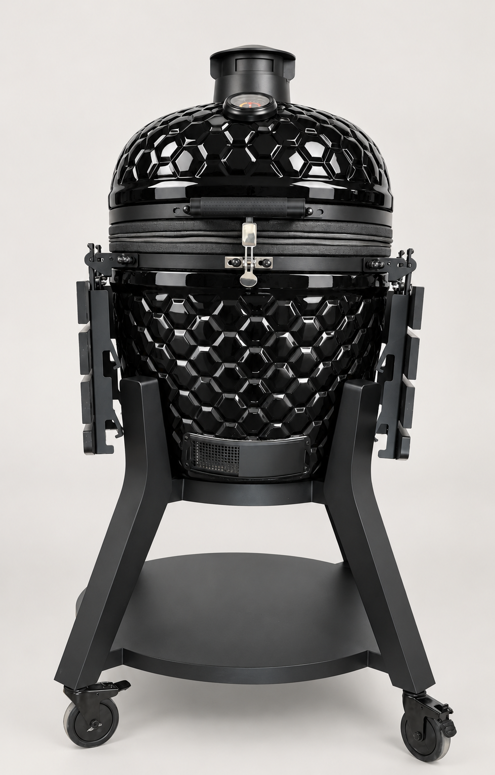 Kamado Moe ultra-honeycomb 22″ Black Gloss — AI finish illustration; source-model reference.