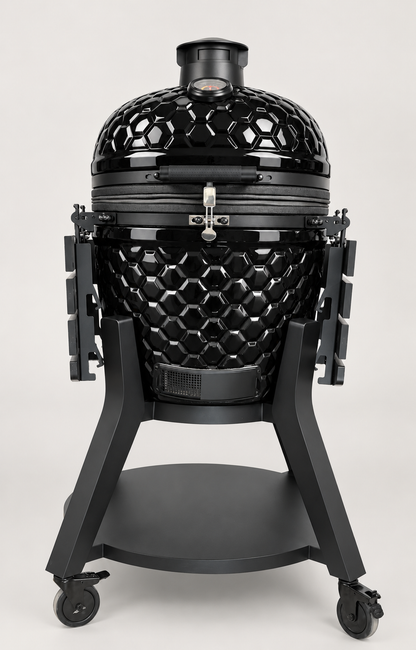 Kamado Moe ultra-honeycomb 22″ Black Gloss — AI finish illustration; source-model reference.