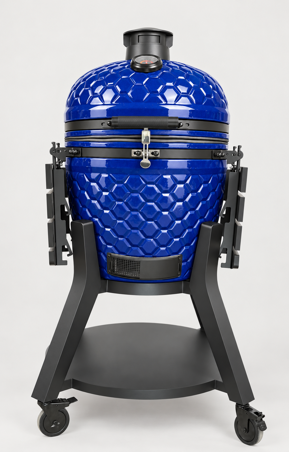 Kamado Moe ultra-honeycomb 22″ Blue Gloss — AI finish illustration; source-model reference.