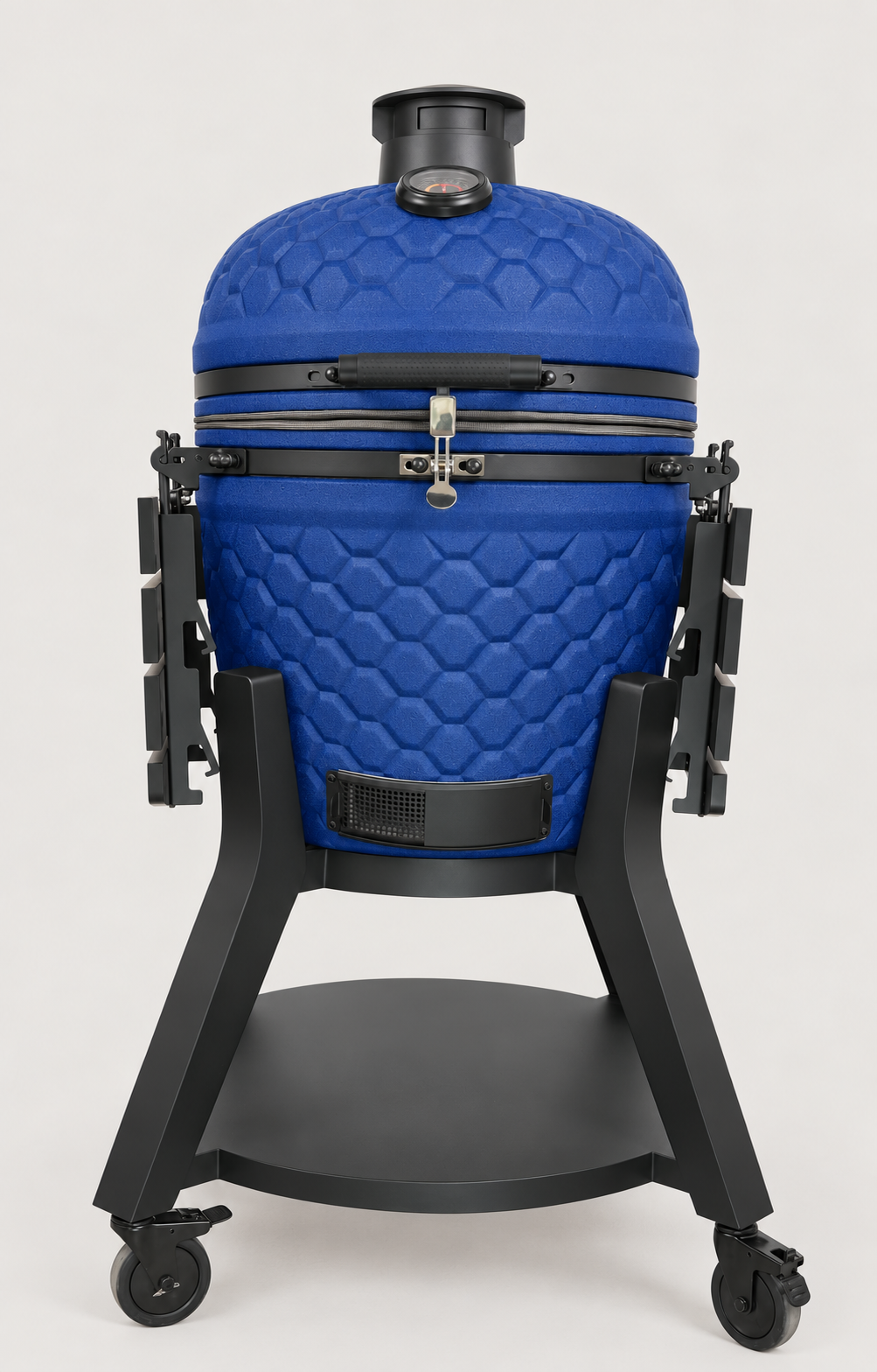 Kamado Moe ultra-honeycomb 22″ Blue Matt — AI finish illustration; source-model reference.