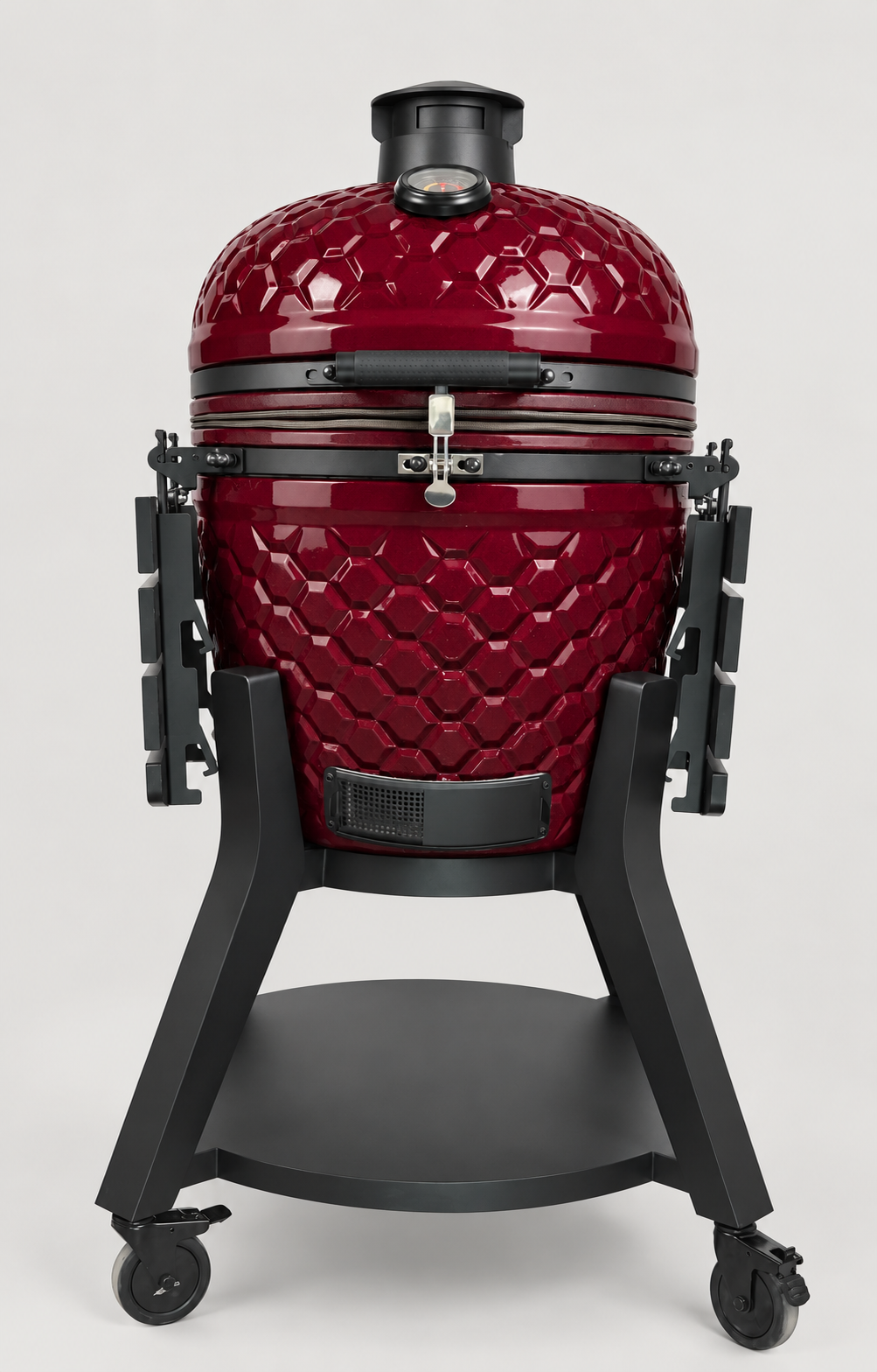 Kamado Moe ultra-honeycomb 22″ Burgundy Gloss — AI finish illustration; source-model reference.