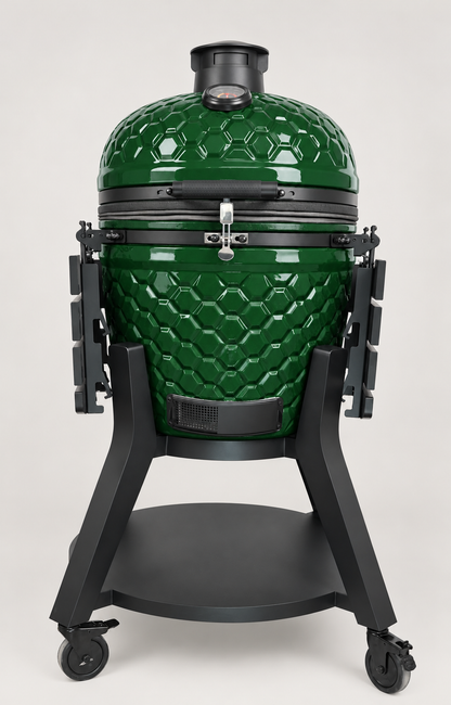 Kamado Moe ultra-honeycomb 22″ Green Gloss — AI finish illustration; source-model reference.