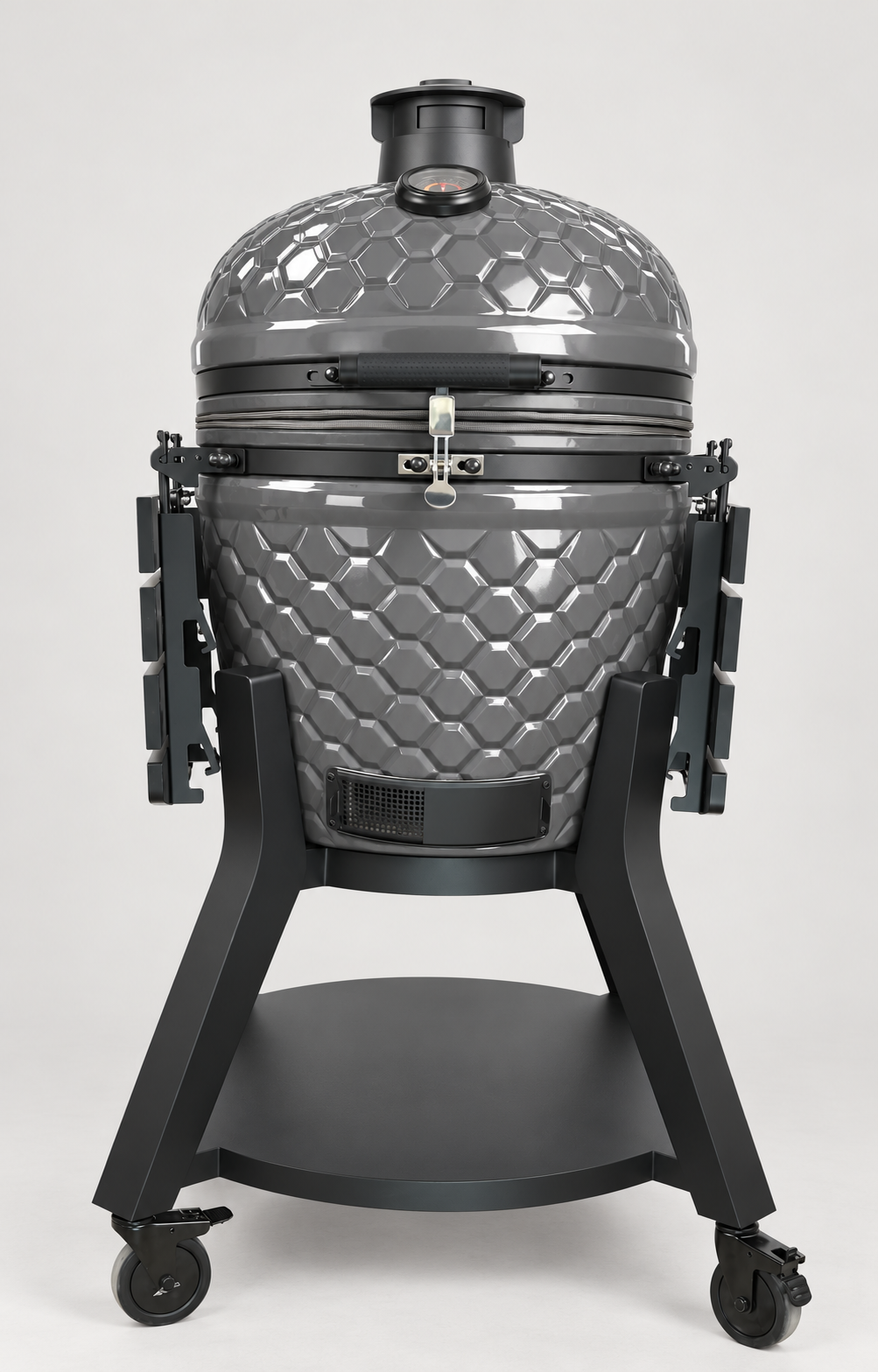 Kamado Moe ultra-honeycomb 22″ Grey Gloss — AI finish illustration; source-model reference.