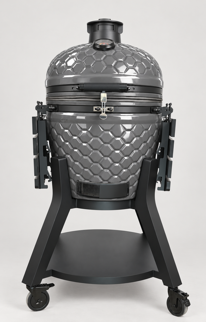 Kamado Moe ultra-honeycomb 22″ Grey Gloss — AI finish illustration; source-model reference.