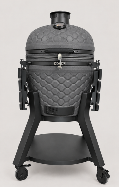 Kamado Moe ultra-honeycomb 22″ Grey Matt — AI finish illustration; source-model reference.