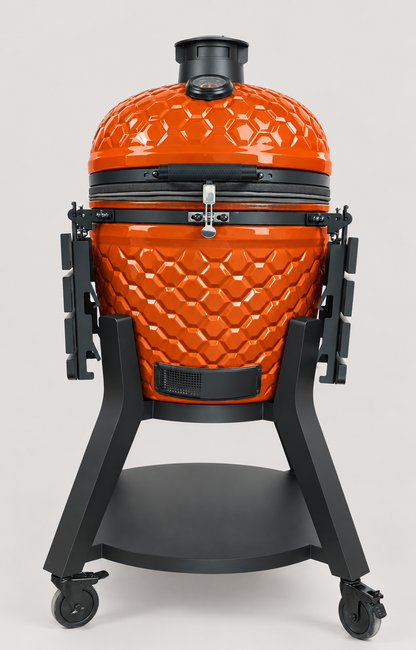 Kamado Moe ultra-honeycomb 22″ Orange Gloss — AI finish illustration; source-model reference.