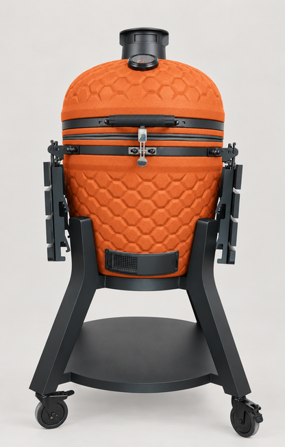 Kamado Moe ultra-honeycomb 22″ Orange Matt — AI finish illustration; source-model reference.
