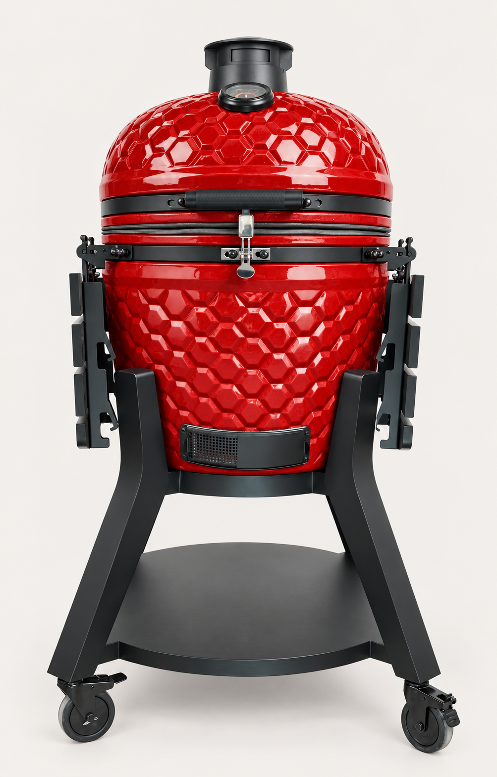 Kamado Moe ultra-honeycomb 22″ Red Gloss — AI finish illustration; source-model reference.