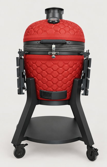 Kamado Moe ultra-honeycomb 22″ Red Matt — AI finish illustration; source-model reference.