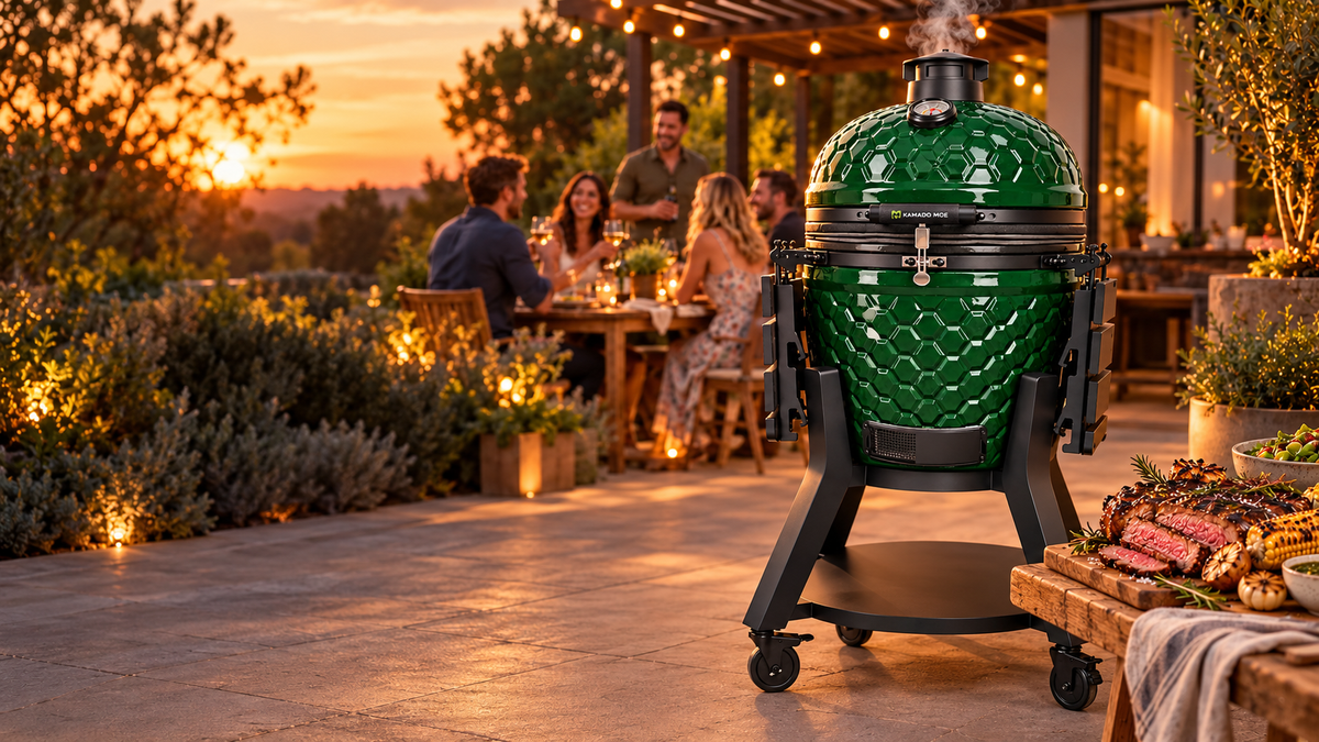 Lifestyle illustration of a glossy green Kamado Moe Ultra Honeycomb 22-inch grill at a sunset backyard gathering.
