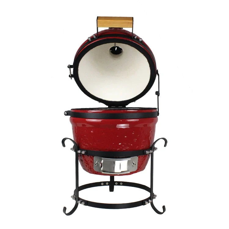Kamado Moe Orange Peel 13″ Red — Red finish with lid open.