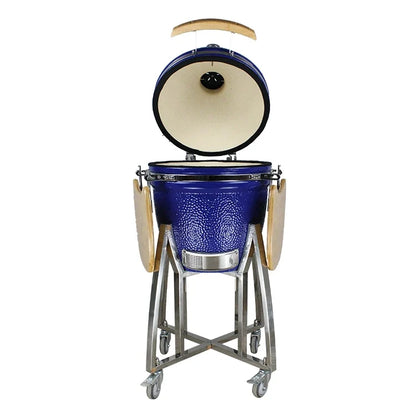 Kamado Moe Orange Peel 18″ Blue — Lid open on stainless steel stand.