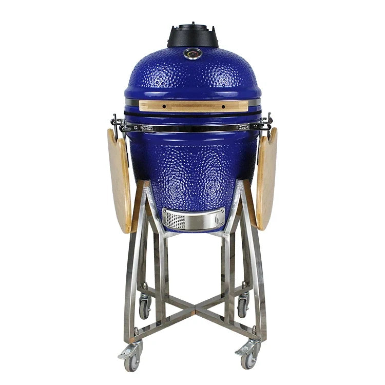 Kamado Moe Orange Peel 18″ Blue — Front view on stainless steel stand.