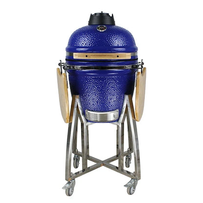 Kamado Moe Orange Peel 18″ Blue — Front view on stainless steel stand.