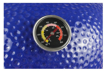 Kamado Moe Orange Peel 18″ Blue — Temperature gauge and textured blue finish.